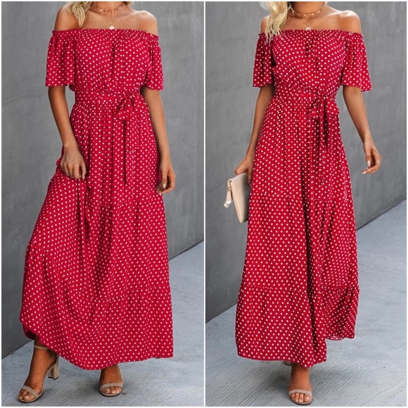 Dresses & Skirts - Off Shoulder Polka Dot Butterfly Sleeve Belted Maxi Dress